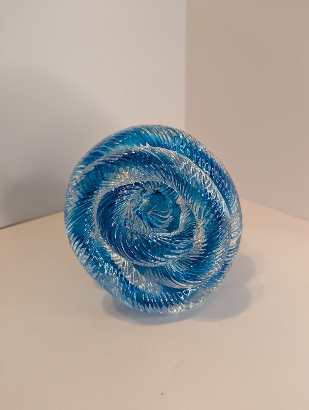 Clear and Blue Ribbed Art Glass Infinity Rope Twisted Knot Paperweight